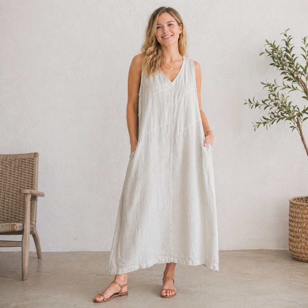 Mosaic Maxi Midi Dress Women's L Linen V Neck A Line Boho Lagenlook Gray Sage